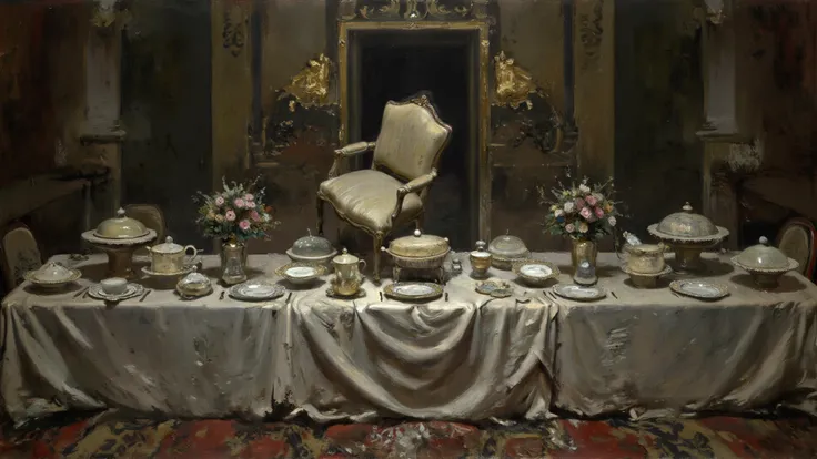 20.[00:55] A banquet table filled with untouched dishes, each one covered in dust. A single chair is overturned. No one is prese...