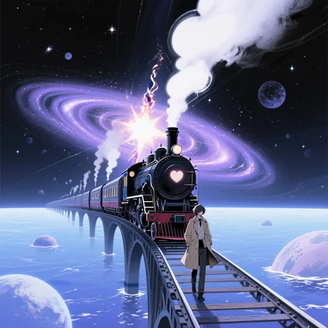 A steam train passes through darkness to an ocean of light, an infinite universe where dreams are scattered, and across a bridge...