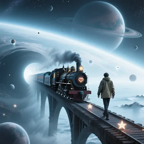 A steam train passes through darkness to an ocean of light, an infinite universe where dreams are scattered, and across a bridge...