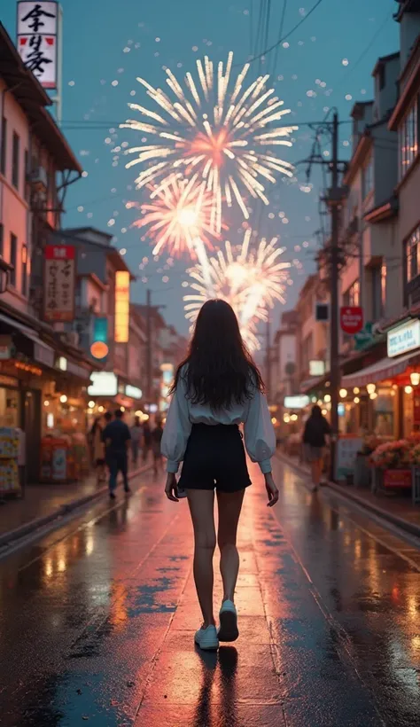 a shopping street with the atmosphere of Showa at dusk。Fireworks go up in the sky and、is beautifully reflected on the road surfa...