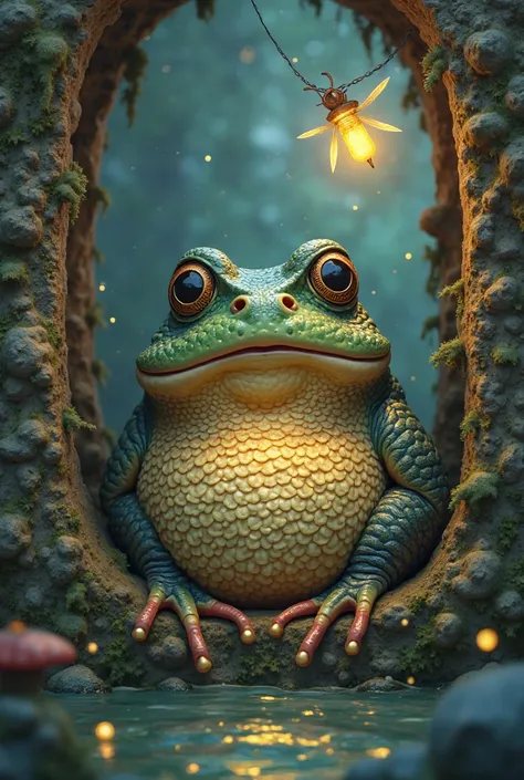 Easy drawing of a toad with scales and a firefly in a hanging lighthouse
