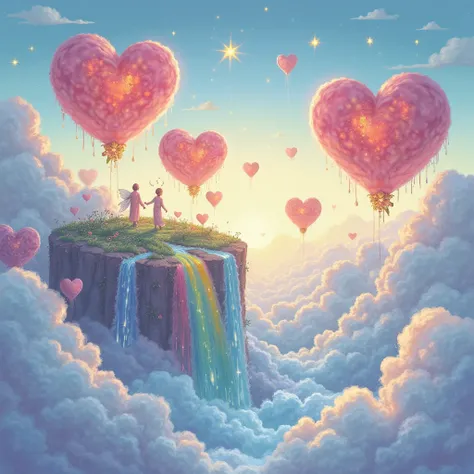 A fantasy cloud kingdom with heart-shaped clouds, rainbow waterfalls and glowing stars, watercolor background