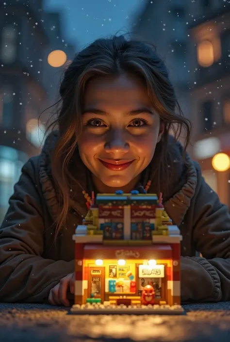 realistic photo of a person with a mentally positive facial expression, looking at a photo bookatman in lego art, night