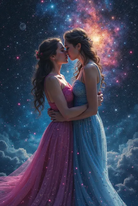 the intimate moment between the two women unfolds not in a studio, but in the quiet majesty of outer space. The background disso...