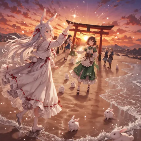The fantastic torii gate of Hakuto Shrine、The figure of a white rabbit on the seashore。Clearly、anime style。beautiful woman
The m...