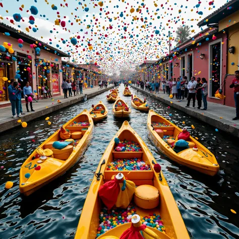 photo of Mexican trajineras in yellow, blue and red in the canals of Xochimilco, confetti falling from the sky