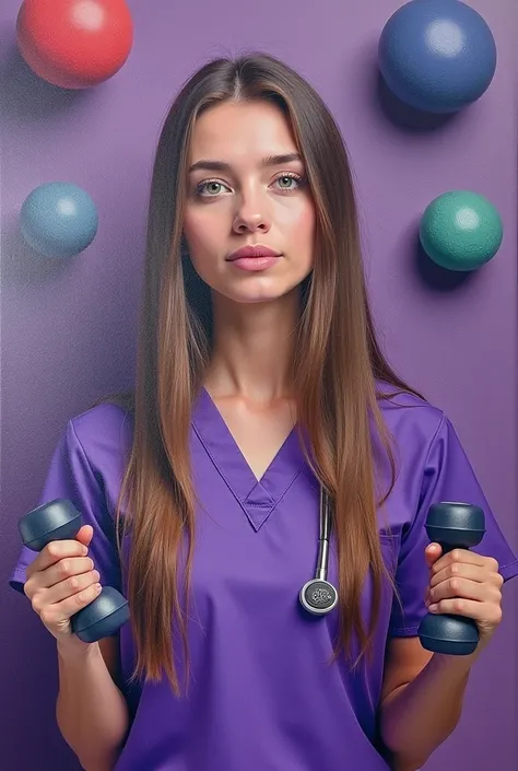 Draw on an abstract canvas the face of a physiotherapist in the center with purple scrub ,long straight hair light brown, green ...