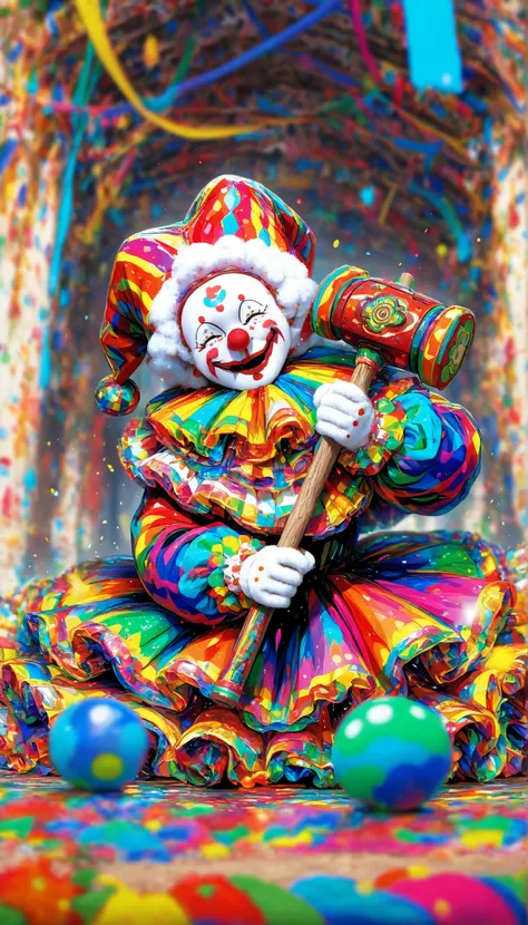 depth of field, high definition image, a lot of details,clown with a giant wooden hammer hammer,colorful,terrific,mysterious,hea...