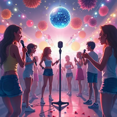 A karaoke party room with a disco ball, microphone stand, and cute decorations, watercolor style