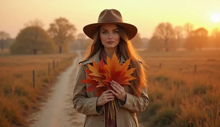 (photorealism:1.2),"A woman standing outdoors during golden hour, holding a bouquet of autumn leaves in front of her face. She i...