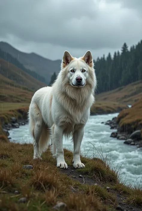 4. Alert White Dog Watching from a Hill
A thick-furred white dog stands alert on a hilltop, watching the rushing water below, ra...
