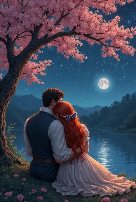 Dark sky with bright stars. One big star. A couple sitting under a Japanese cherry tree. Their backs are turned. She has her hea...
