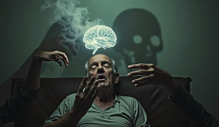 An elderly man sleeps, surrounded by unseen forces—dark, smoky hands reach out of his mouth and nose, strangling a translucent b...