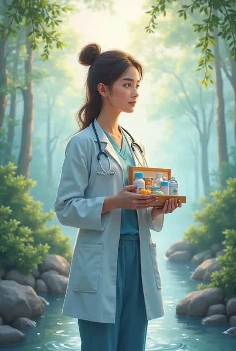 Health professional holding a box of medicines, surrounded by a serene environment in shades of blue and green that refers to he...