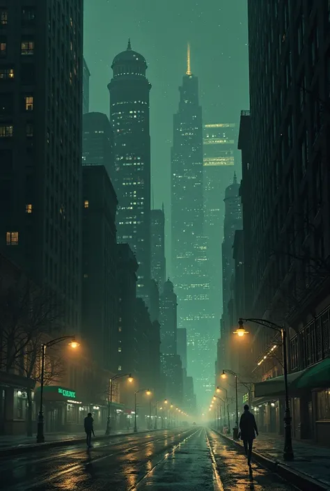 An image of a city street in black and green tones with tall buildings and lights, at night