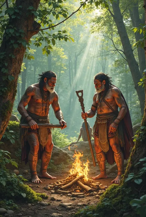 Mega-realistic image of Picts — forest tribes — living in communion with nature, using tribal paintings and ancient rituals.