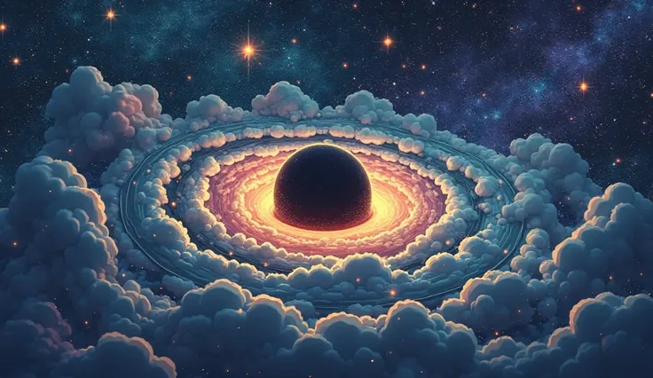 * `Prompt 5.1: "Small, friendly, distant black hole illustration, with stars and cosmic dust around it, 2d ren's science art...