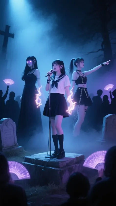 three ghostly idol girls performing in a misty nighttime cemetery, standing on old stone graves with soft blue and violet spotli...
