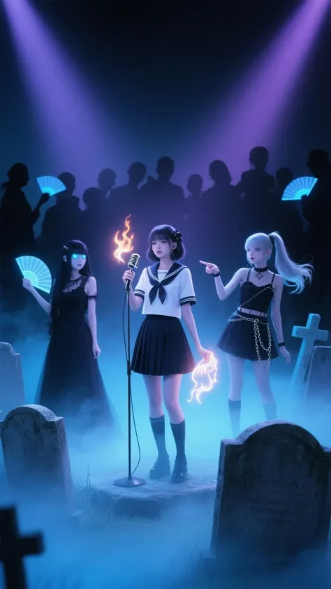 three ghostly idol girls performing in a misty nighttime cemetery, standing on old stone graves with soft blue and violet spotli...