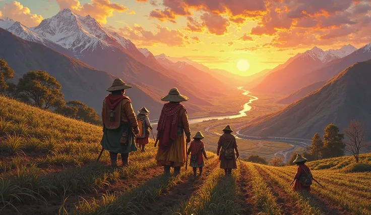 Inca family cultivating the land on a beautiful mountain at sunset