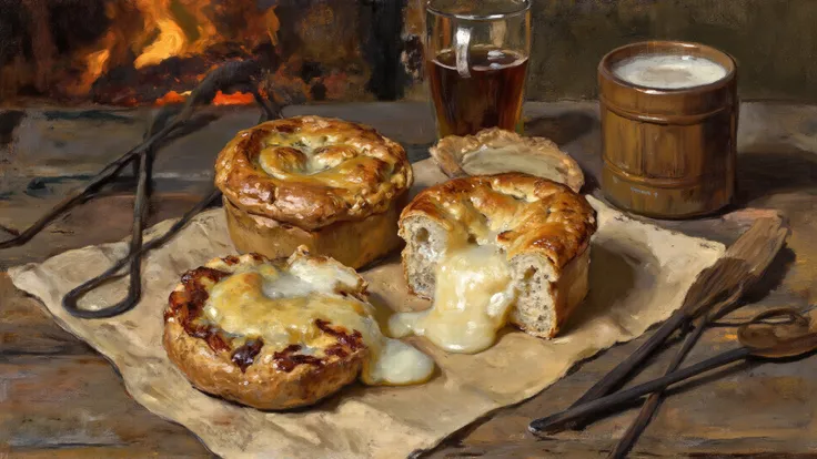 Prompt 7: "Close-up of cheese served atop dense bread and in hearty pies, rich melted textures visible, set on rough wooden tabl...
