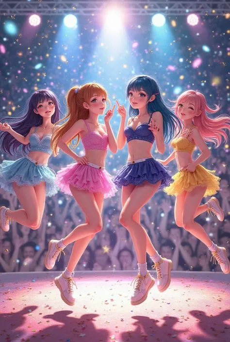 Four idol girls jump across the stage and give kisses in the air