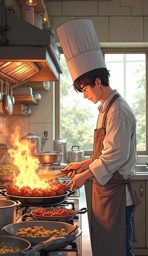 In the image is a young chef who is eagerly cooking. He is frying in a pan and several pots are on the fire in front of him. The...