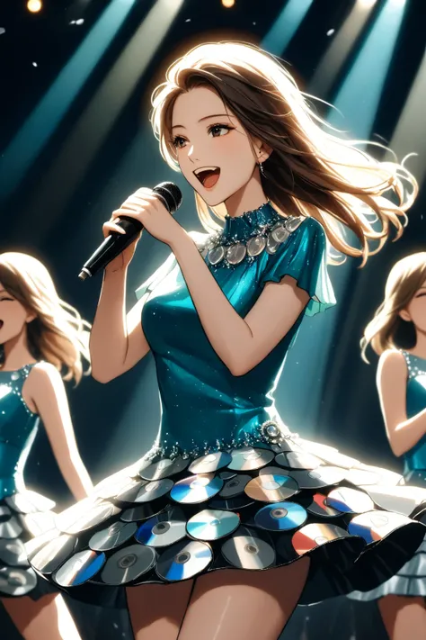 masterpiece, sfw, rating:safe, multiple women, idol dress made of cd's, detailed background, cowboy shot, lights, singing, happy...