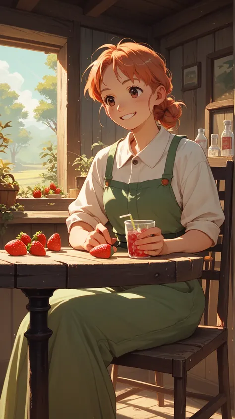 Change background at strawberry farm both ladies enjoy chitchatting and smiling.
Retain the attached image ung ladies ghibli-st...