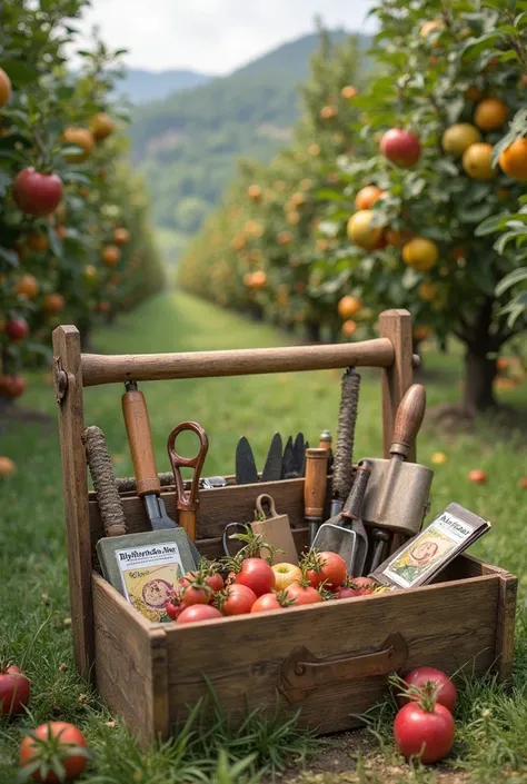 An orchard tool kit with pots and seeds