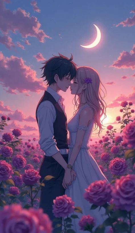 Rengoku and Tanjiro Kamado kiss under the moonlight on the field, full of bright purple Roses romantic love anime fantasy style