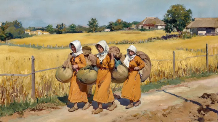 Prompt 3: Illustration of feudal Vietnam, a group of women wearing saffron-colored four-panel dresses, turbans, conical hats wit...