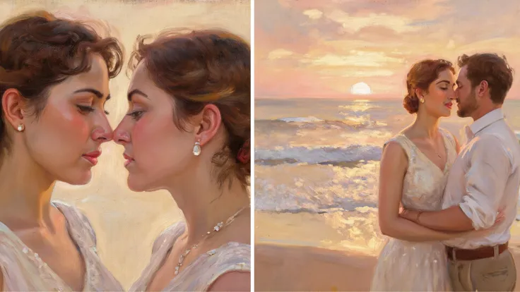 Oil painting in soft romantic style, with smooth and delicate brushwork. The palette features warm sunset tones — golden orange,...