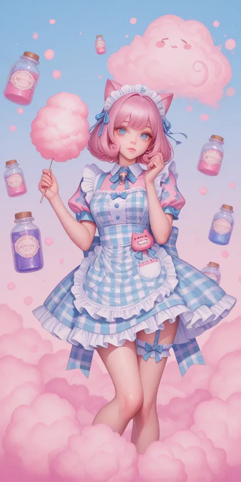 Today’s Theme is “Dream-Vendor Maid”
sky blue eyes, curly cotton-candy pink bob with bell-ribbon, wearing pastel checkered maid...