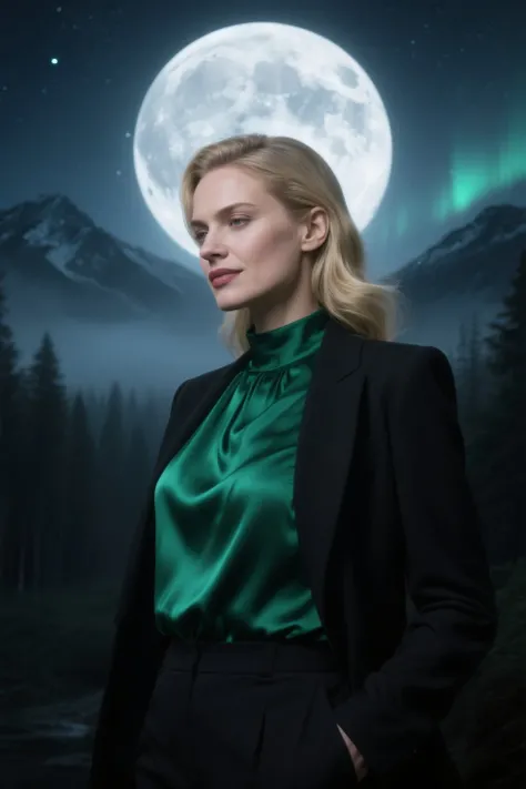 Hyperrealistic upper-body portrait of a confident European woman around 30 years old in 8K ultra detail, left side profile view ...
