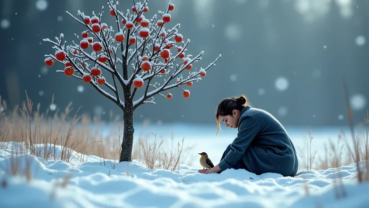 "A woman burying a frozen sparrow beneath an apple tree, snow falling softly around her — symbolic winter funeral miniature, mut...