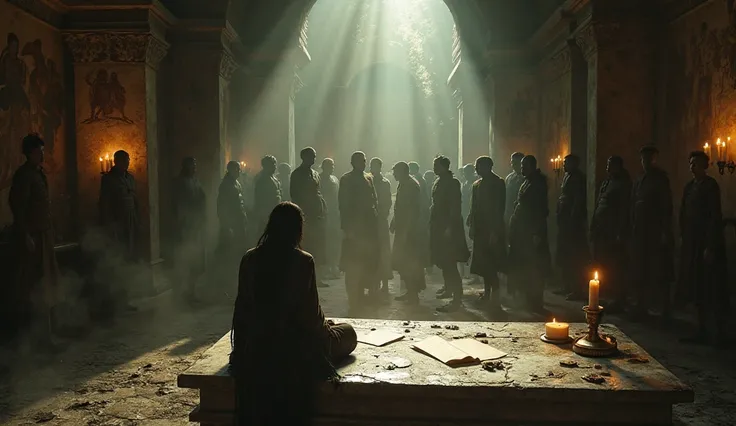 "A solemn, atmospheric scene inside an ancient, shadowed archive or stone library. Dusty scrolls and broken tablets lie scattere...