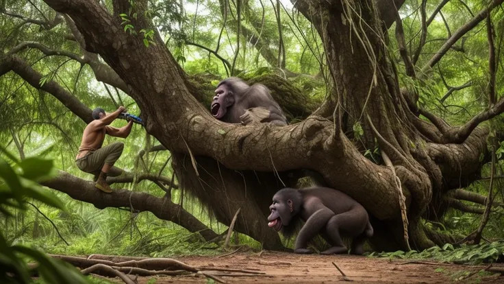 Kong gripping a massive uprooted tree like a club, tightening his grip, angry eyes glowing – weapon of the jungle forged