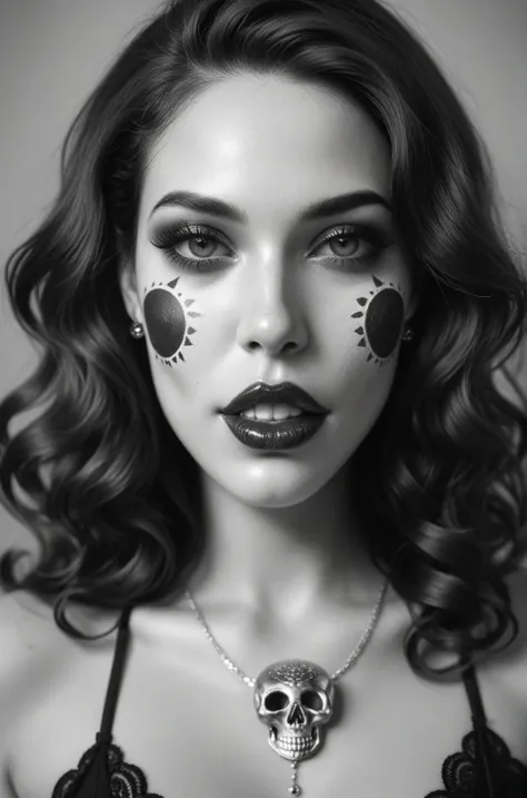 Ultra-detailed monochrome close-up portrait of a beautiful woman with elegant Día de los Muertos makeup, symmetrical sugar skull...