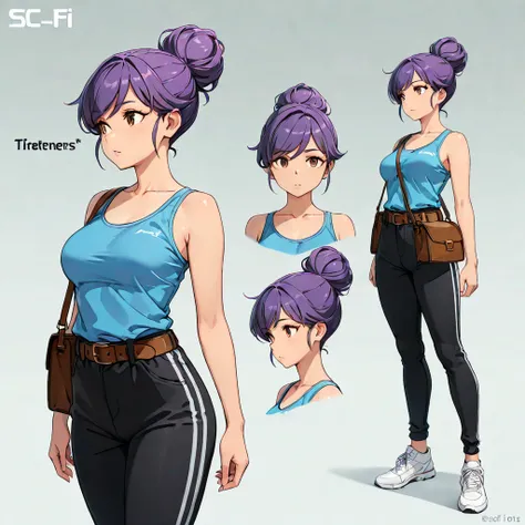 masterpiece, absurdres, amazing quality, best quality, 1girl, short purple hair, hair bun, brown eyes, medium breasts, blue tank...