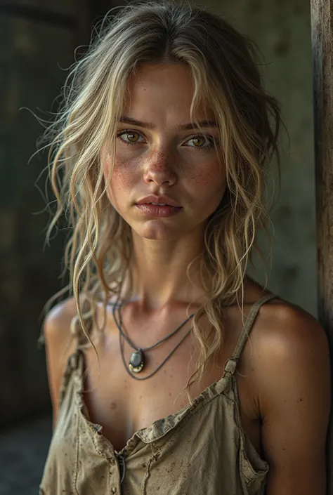 un fille de , blonde brune cheveux détacher, yeux marrons habiller avec des vêtements sales. image qui fait réel.