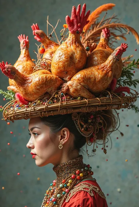 (Create an image of a crazy chicken rotisserie hat
