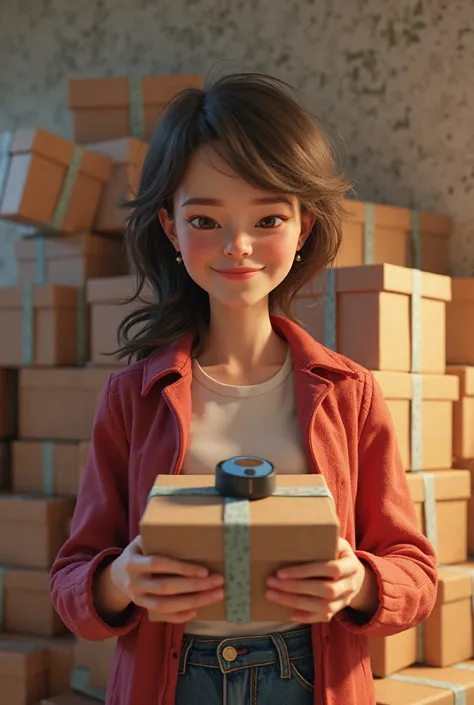 A woman with an gps tracker as a present and in the background there is a pile of the same boxes. The picture has to show the la...