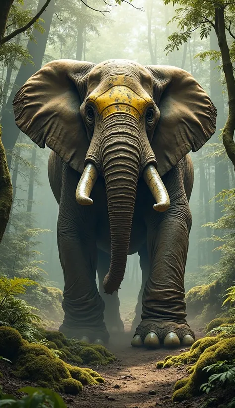 "A highly detailed, surreal image of an elephant–bulldozer hybrid standing powerfully in a dense forest. The creature has the ma...