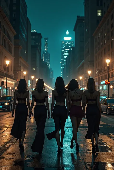 The city of San Francisco California at night with dark black sky. A group of 6 or more sexy women walking down the street backw...