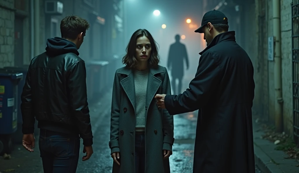 A tense, cinematic night scene set in a dimly lit urban alley. In the foreground, a woman in her early 30s stands frozen between...