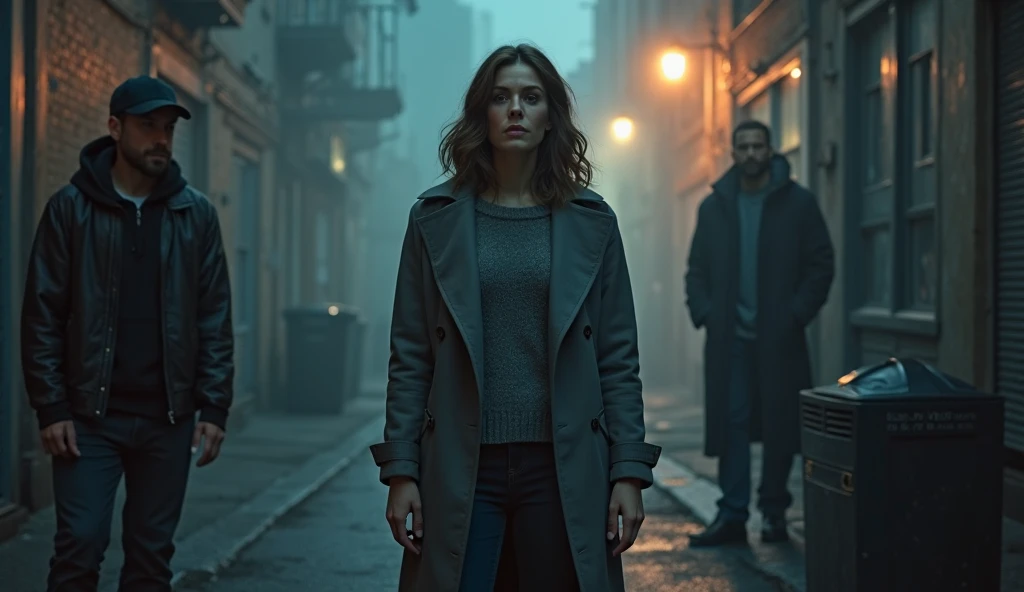 A dramatic, cinematic night scene set in a foggy urban alley. In the center foreground stands a woman in her early 30s with shou...