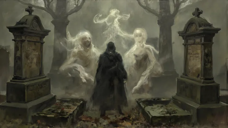 A chosen figure stands in a cemetery as lost souls swirl around them, begging for peace.