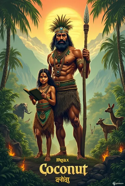 "A powerful tribal warrior standing proudly in a lush green forest, wearing traditional tribal attire with face paint and tribal...