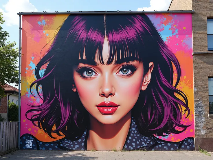 A mural of graffiti realism queen pict in a building wall.
(best quality,realistic),(close-up),(realism pict:1.1),(mural),(venu...